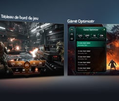 LG QNED evo AI Mini LED QNED80 avec Game Dashboard et Optimizer affiche des écrans de jeu côte à côte et un menu à l’écran pour ajuster les paramètres de jeu tels que le taux de rafraîchissement, la latence et les modes visuels en temps réel.